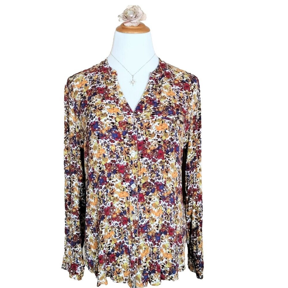 Kut from the Kloth Button Front Top L Multicolor Speckle Print Roll Tab Sleeves